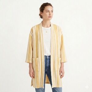 Eileen Fisher Organic Cotton Striped Kimono Cardigan Yellow White XXS/XS R18KMD